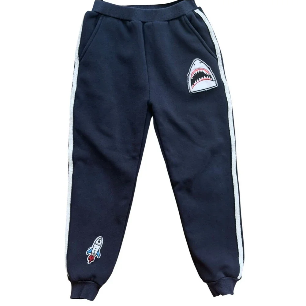Lola + The Boys Kids Long Sleeve Embroidered Varsity Patch l Blue Jogger Set. 8